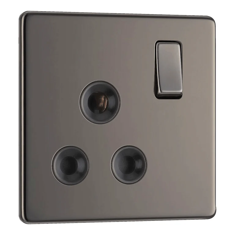 BG Nexus Flatplate Screwless Black Nickel 1 Gang 15A Round Pin Switched Socket Black Insert - FBN99B