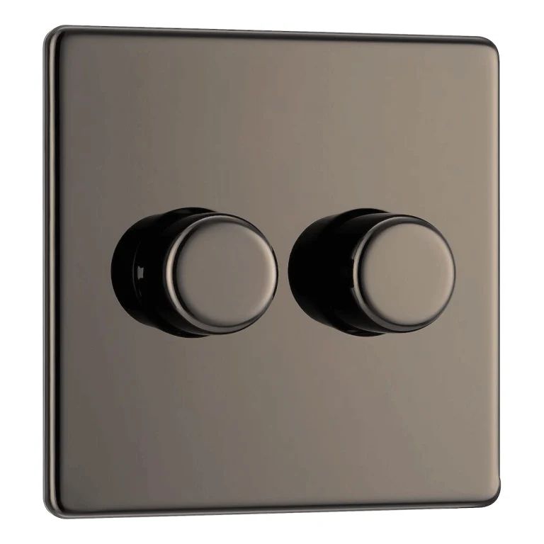 BG Nexus Flatplate Screwless Black Nickel 2 Gang 2 Way Intelligent Trailing Edge Dimmer Switch Push On/Off - FBN82