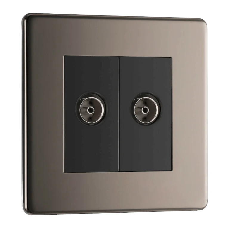 BG Nexus Flatplate Screwless Black Nickel 2 Gang Double Isolated Co-Axial Socket - FBN63