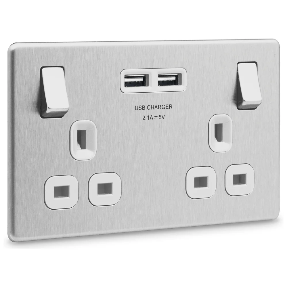 BG Flat Plate Brushed Steel Wh 13A, 2G Skt+2 Usb (2.1A), Skt - FBS22UW