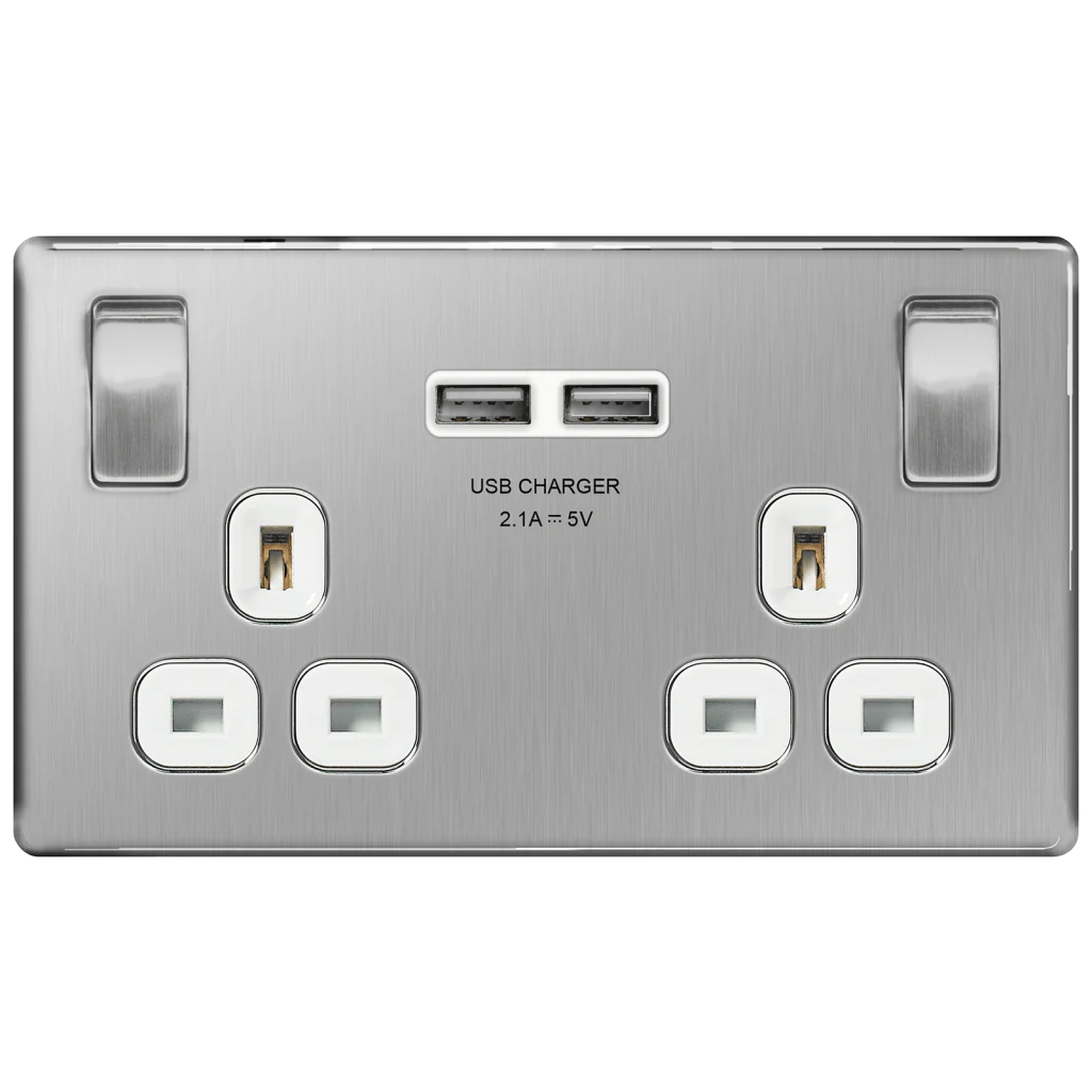 BG Flat Plate Brushed Steel Wh 13A, 2G Skt+2 Usb (2.1A), Skt - FBS22UW - Image 2