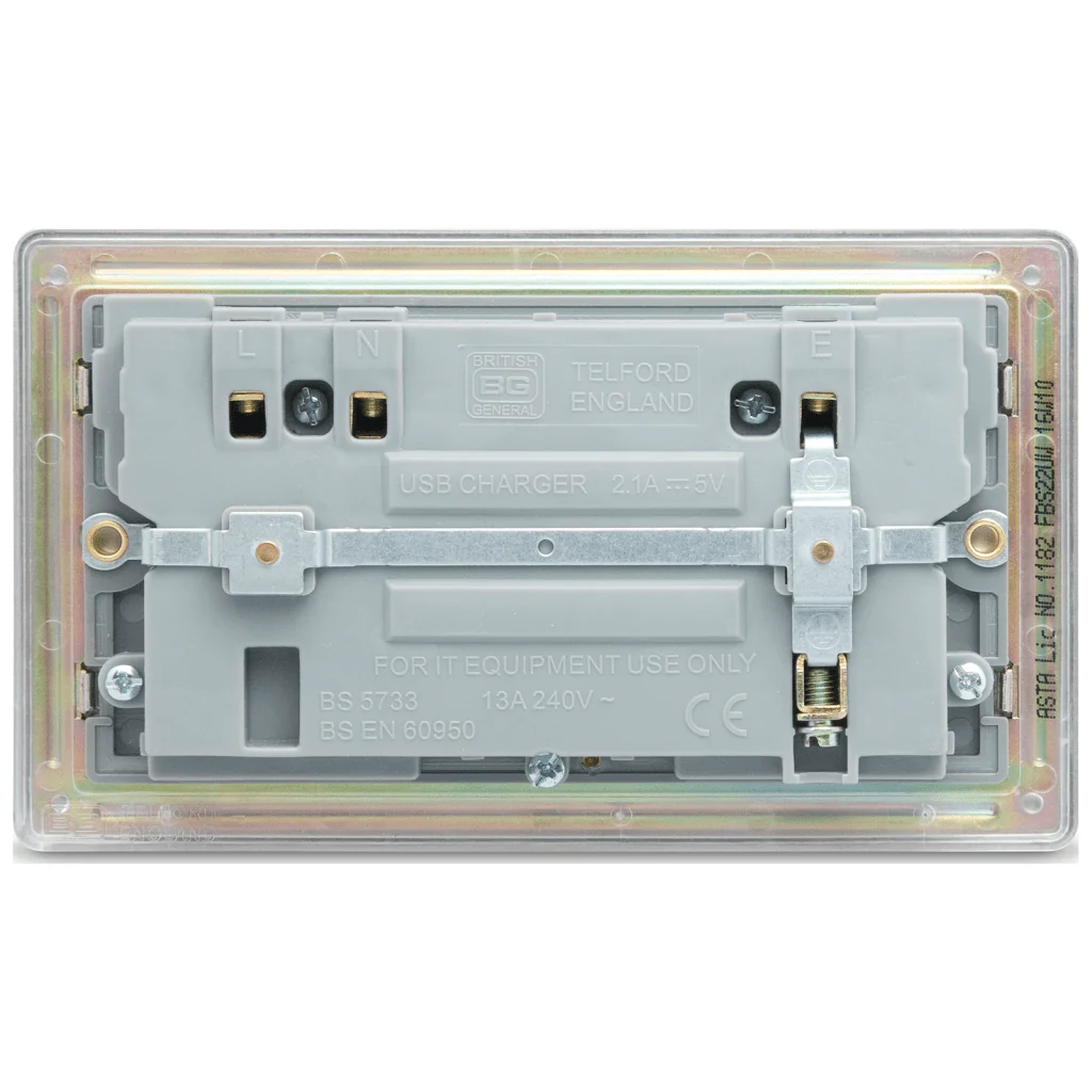 BG Flat Plate Brushed Steel Wh 13A, 2G Skt+2 Usb (2.1A), Skt - FBS22UW - Image 4