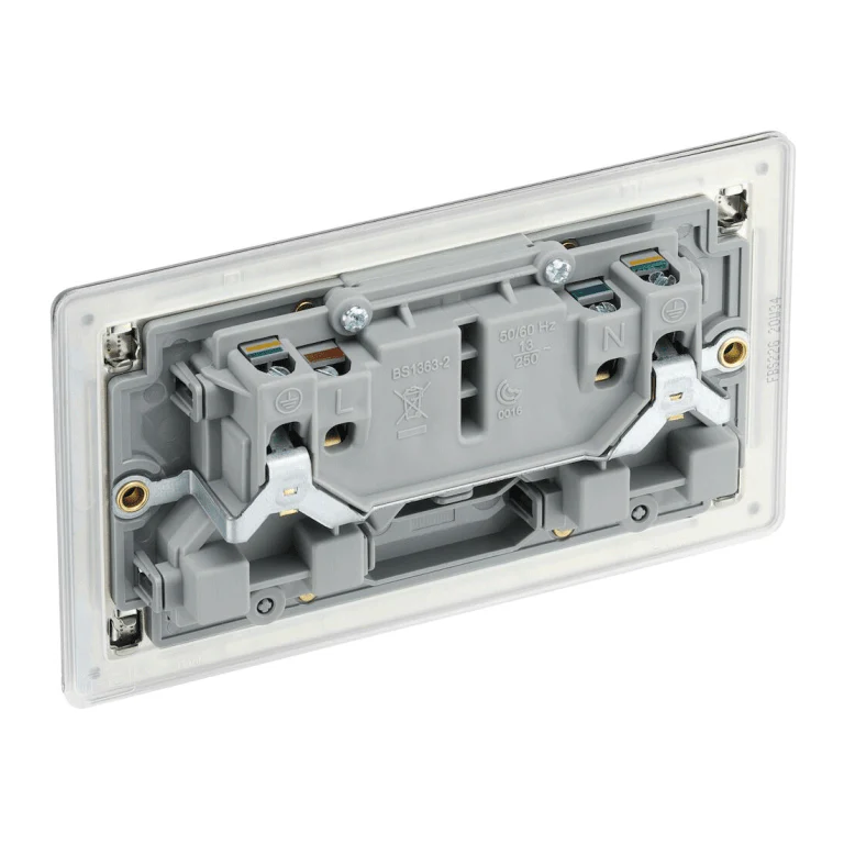 BG Screwless Flatplate Brushed Steel Double Switched 13A Power Socket - Grey Insert - FBS22G - Image 3
