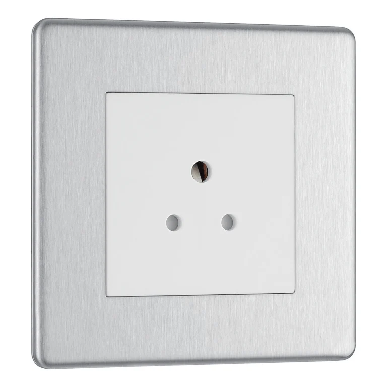 BG Nexus Flatplate Screwless Brushed Steel 2A 1 Gang Unswitched Round-Pin Socket - White Insert FBS28W