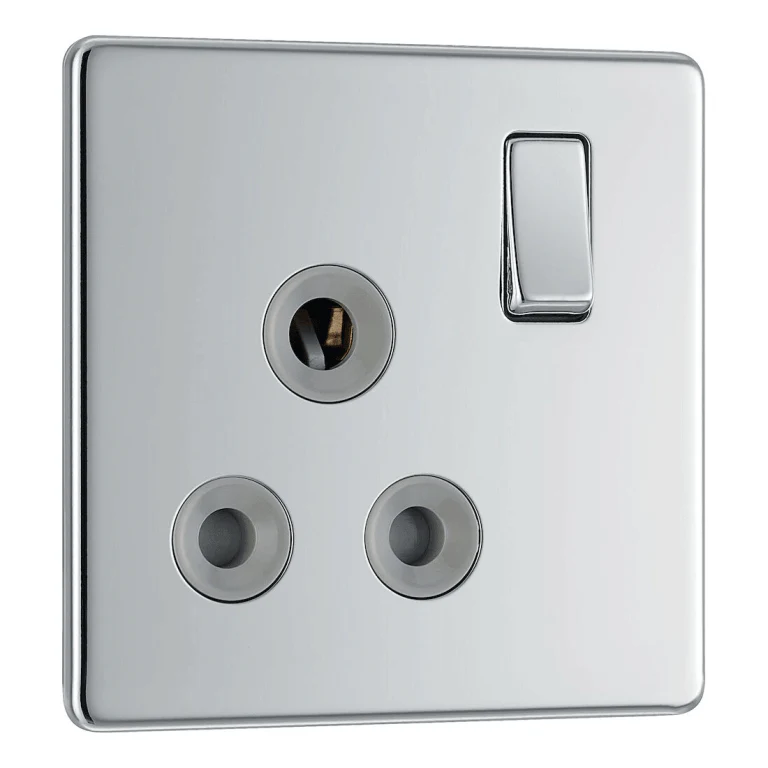 BG Nexus Flatplate Screwless Polished Chrome 1 Gang 15A Round Pin Switched Socket Grey Insert - FPC99G