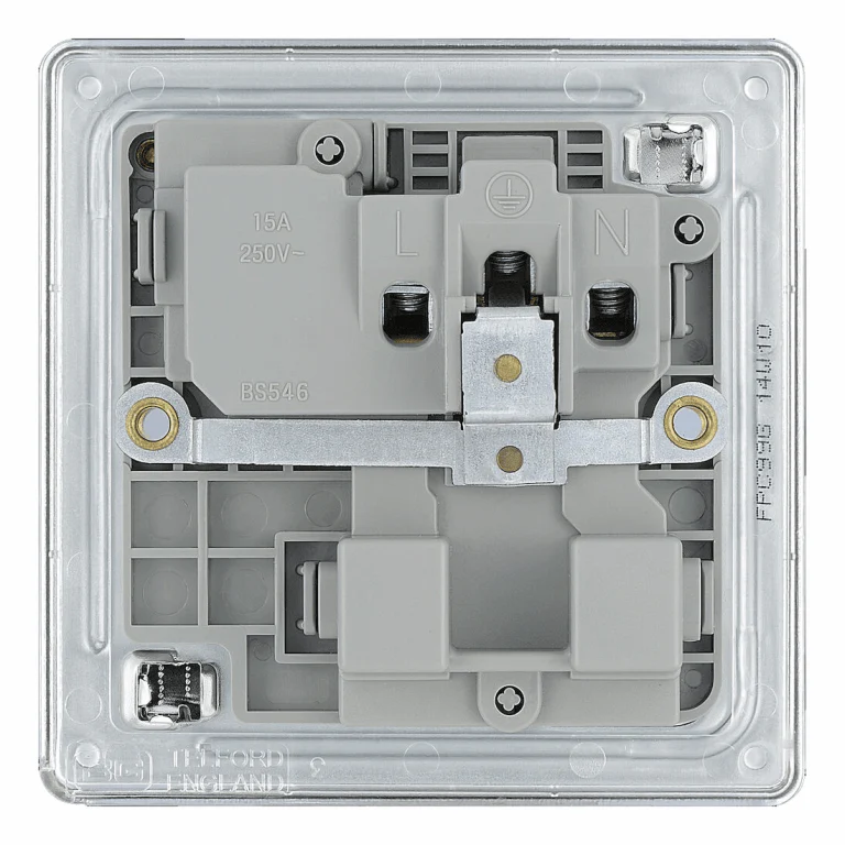 BG Nexus Flatplate Screwless Polished Chrome 1 Gang 15A Round Pin Switched Socket Grey Insert - FPC99G - Image 2