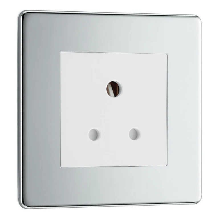BG Nexus Flatplate Screwless Polished Chrome 5A 1 Gang Unswitched Round-Pin Socket - White Insert FPC29W