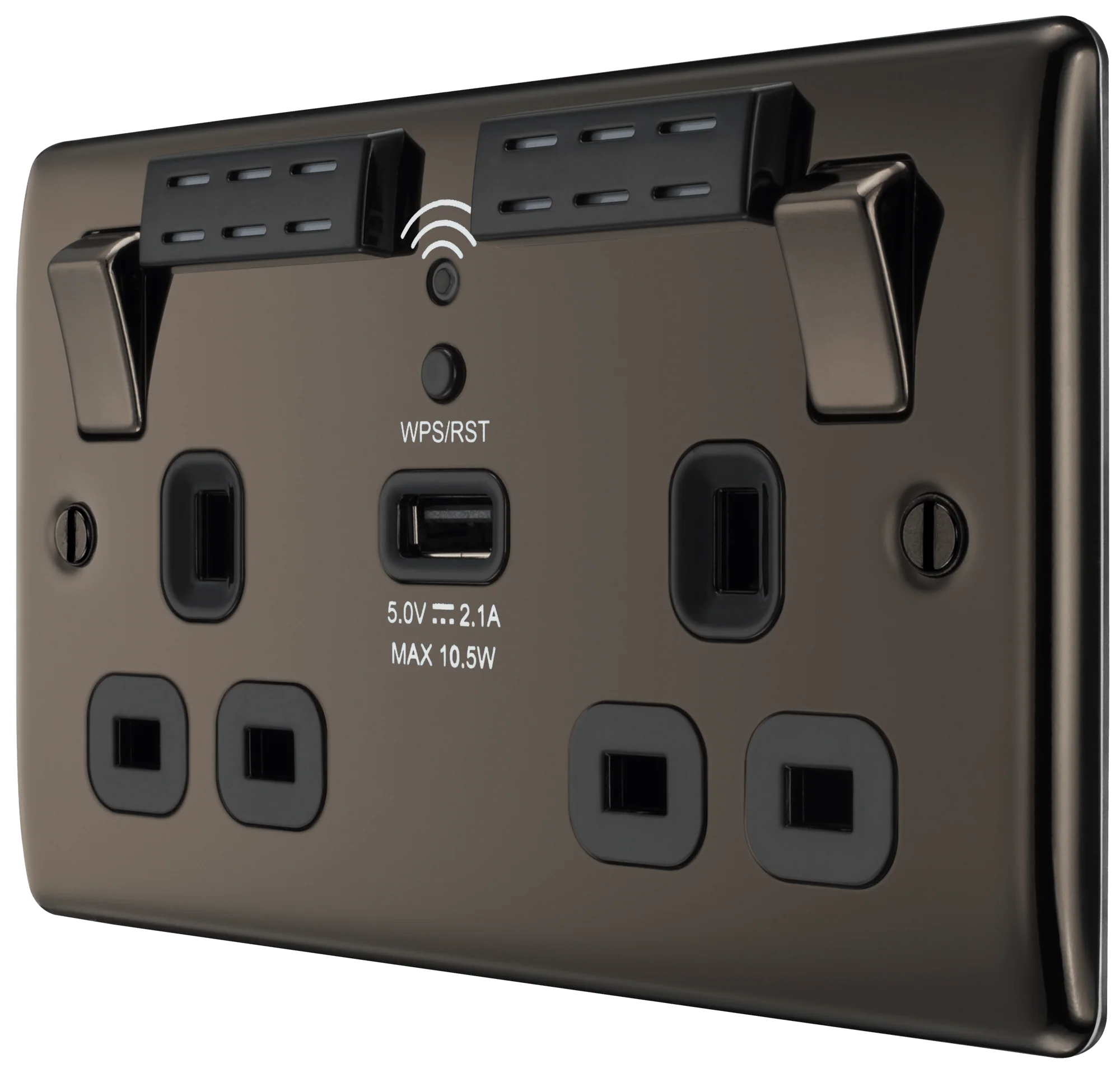 BG Nexus Metal Black Nickel Double Switched 13A Power Socket With Wifi Extender + Usb Charging - 1X Usb Socket (2.1A) - Black In - Image 2