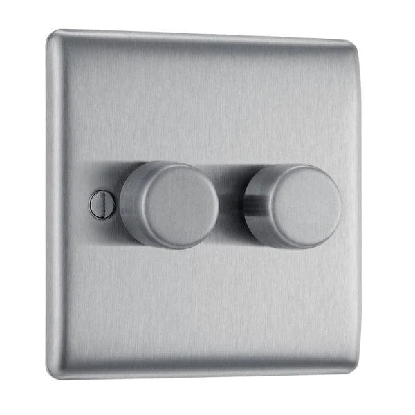 BG Nexus Metal Brushed Steel Double Intelligent Led Dimmer Switch, 2-Way Push On/Off - NBS82