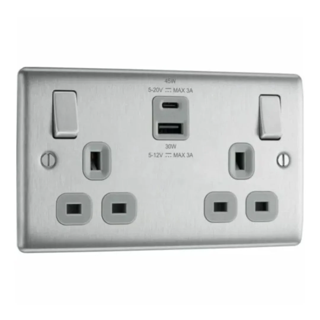 BG Nexus Metal Brushed Steel Double Socket with USB - 13A 2G SW SKT & USB AC - Grey Insert - NBS22UAC45G