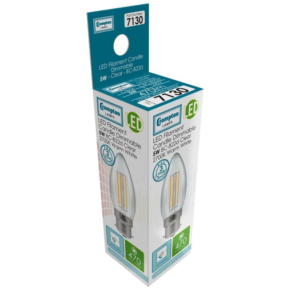 Crompton LED Candle Filament Dimmable Clear 5W 2700K BC-B22d - CROM7130 - Image 2