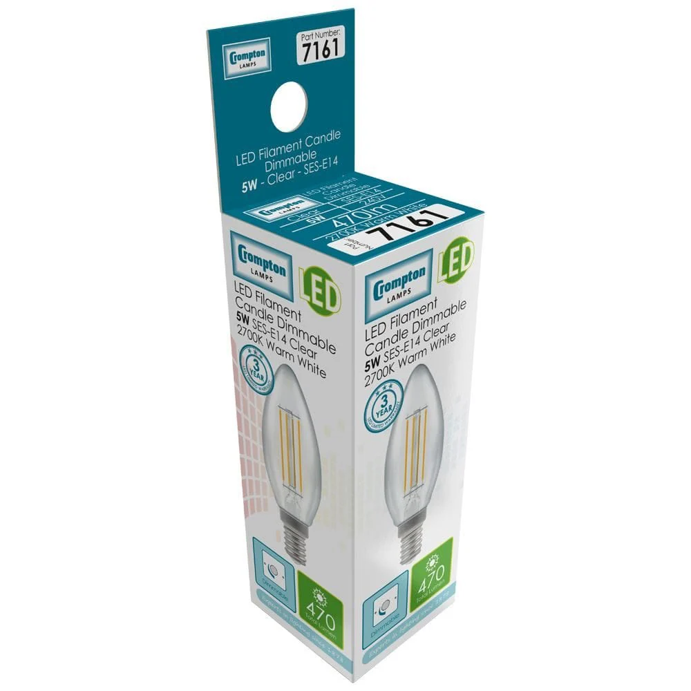 Crompton LED Candle Filament Dimmable Clear 5W 2700K SES-E14 - CROM7161 - Image 2