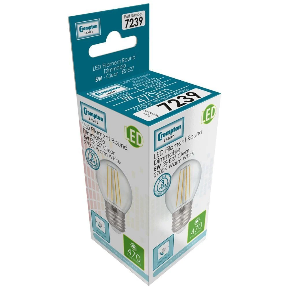 Crompton LED Round Filament Dimmable Clear 5W 2700K ES-E27 - CROM7239 - Image 2