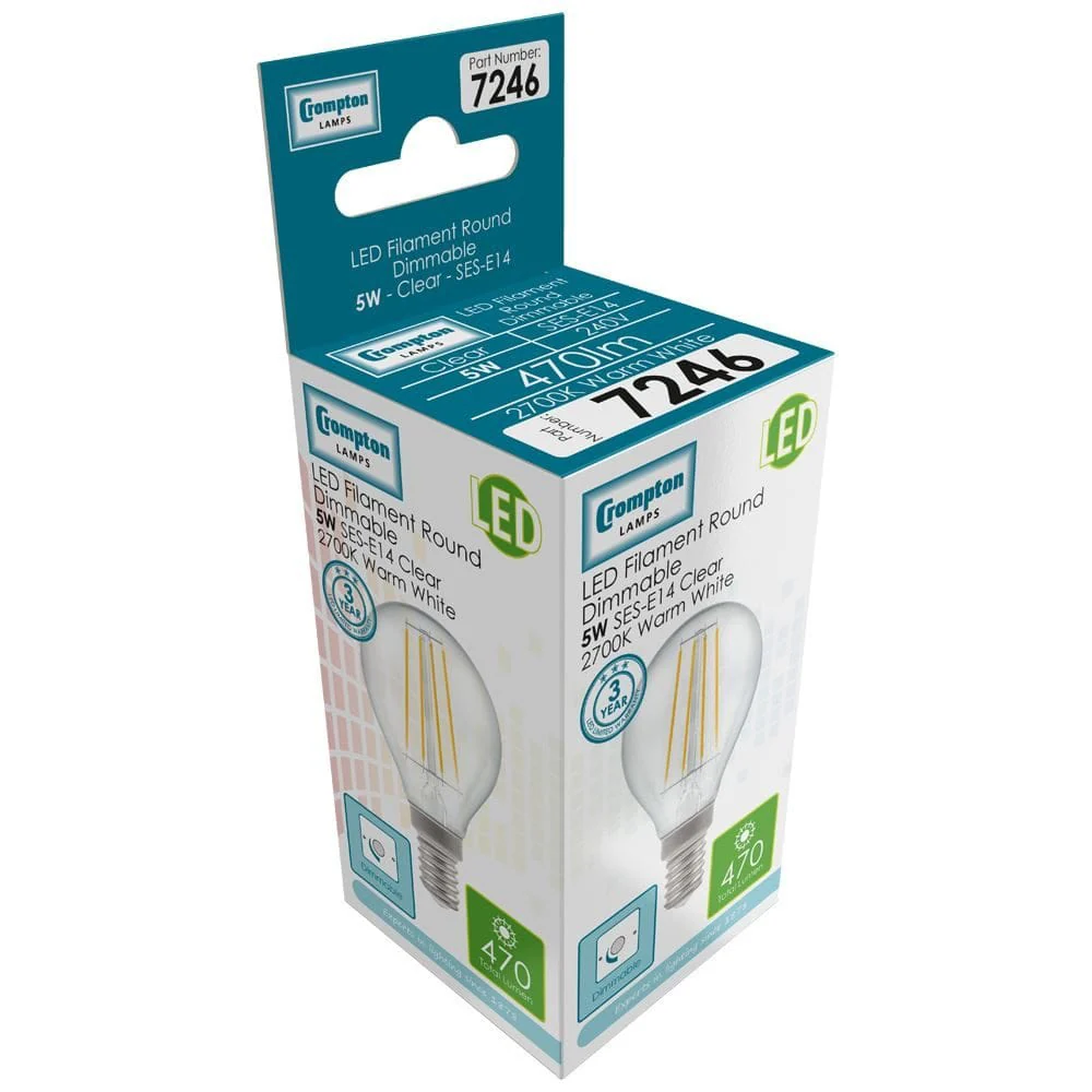 Crompton LED Round Filament Dimmable Clear 5W 2700K SES-E14 - CROM7246 - Image 2