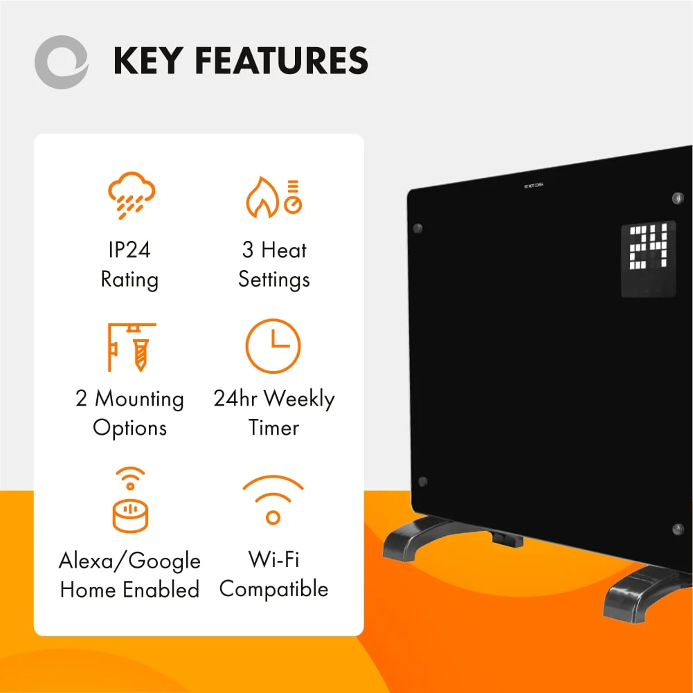 Devola Designer 1.5kW Smart Glass Panel Heater with Timer Black - DVPW1500B - Return Unit - Image 2