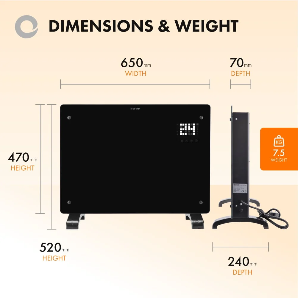Devola Designer 1.5kW Smart Glass Panel Heater with Timer Black - DVPW1500B - Return Unit - Image 3