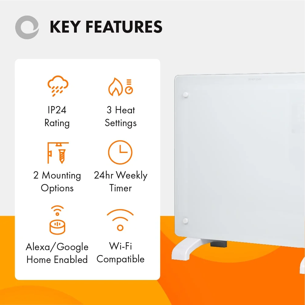Devola Designer 1kW Smart Glass Panel Heater with Timer White - DVPW1000WH - Return Unit - Image 2