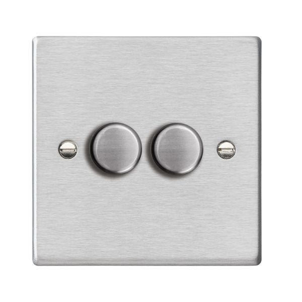 Hamilton Hartland 100W 2 Gang 2 Way Push On/Off Rotary LED Dimmer Switch - Satin Steel - 742XLEDITB100