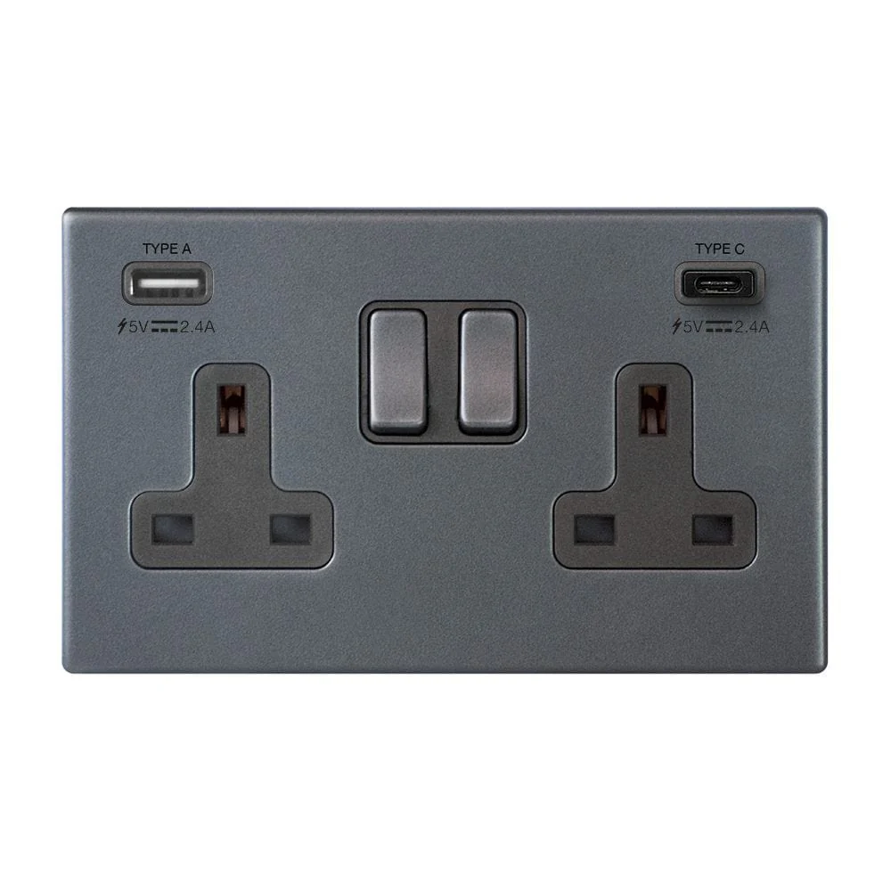 Hamilton Hartland G2 13A 2 Gang Screwless Type A/C USB Socket with 2 x USB - 4.8A - Anthracite Grey - 7G2ASS2USBCGA-QG