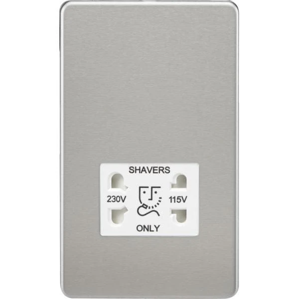 Knightsbridge Screwless 115V/230V Dual Voltage Shaver Socket - Brushed Chrome with White Insert - SF8900BCW