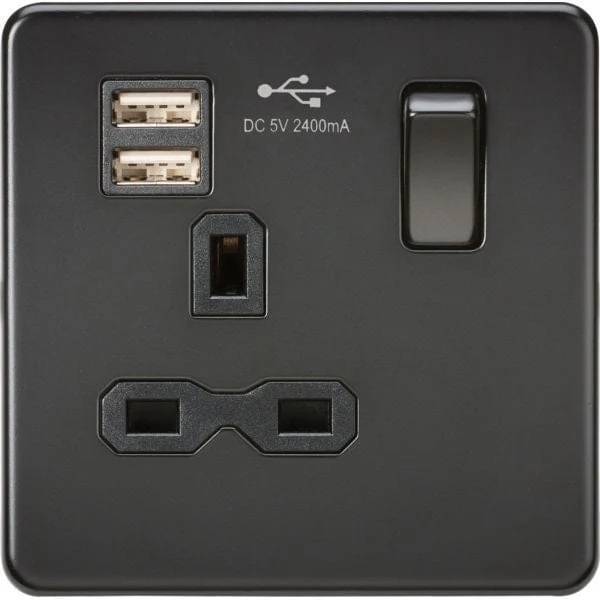Knightsbridge Screwless 13A 1G switched socket with dual USB charger (2.4A) - matt black - SFR9124MBB