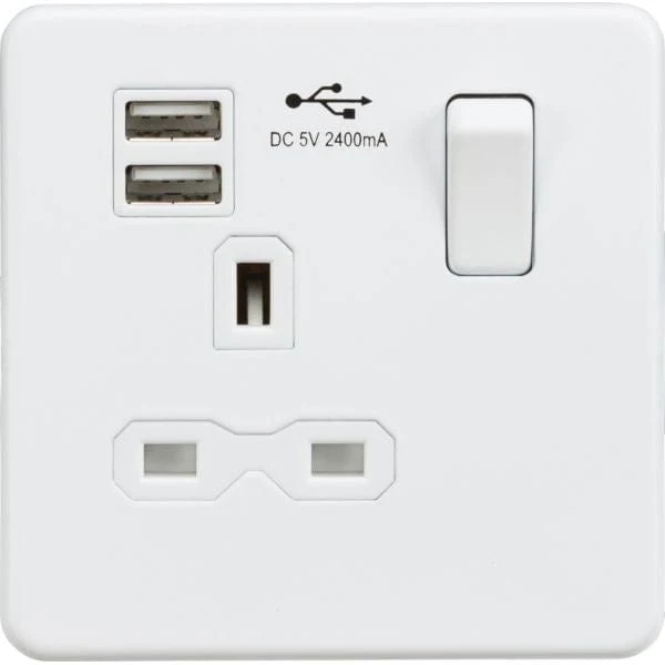 Knightsbridge Screwless 13A 1G switched socket with dual USB charger (2.4A) - matt white - SFR9124MW