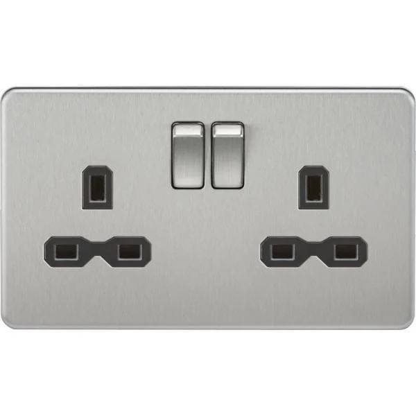 Knightsbridge Screwless 2 Gang Double Socket, Brushed Chrome with Black Inserts - SFR9000BC