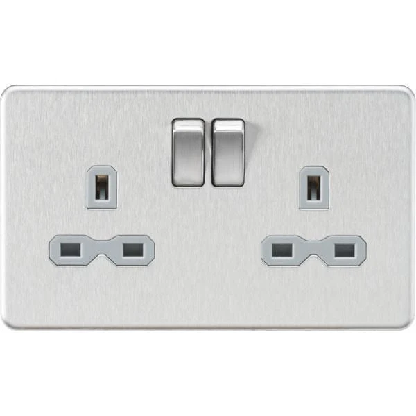 Knightsbridge Screwless 2 Gang Double Socket, Brushed Chrome with Grey Inserts - SFR9000BCG