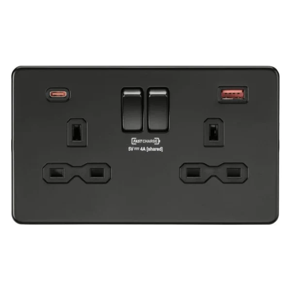 Knightsbridge 13A 2G DP Switched Socket with dual USB [FASTCHARGE] A+C - Matt Black - SFR9909MBB