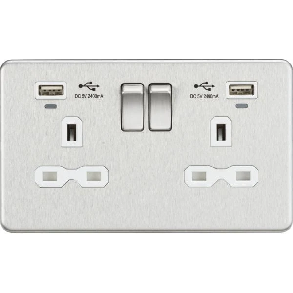 Knightsbridge 13A 2G Switched Socket, Dual USB (2.4A) with LED Charge Indicators - Brushed Chrome w/white insert - SFR9904NBCW