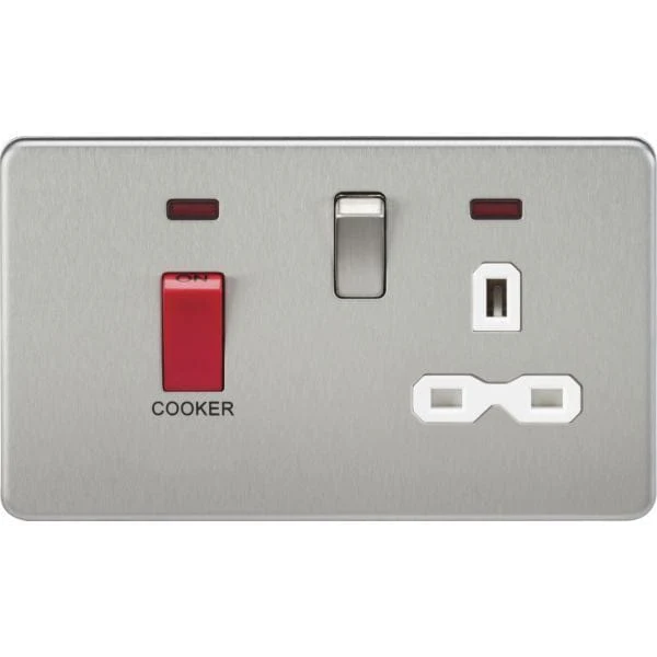 Knightsbridge Screwless 45A DP switch and 13A switched socket with neons - brushed chrome with white insert - SFR8333NBCW