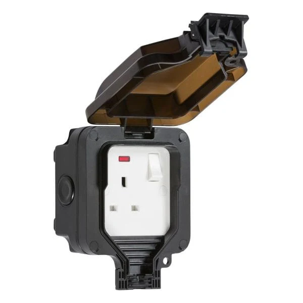 Knightsbridge IP66 13A 1G DP switched socket with neon - Black - OP7N
