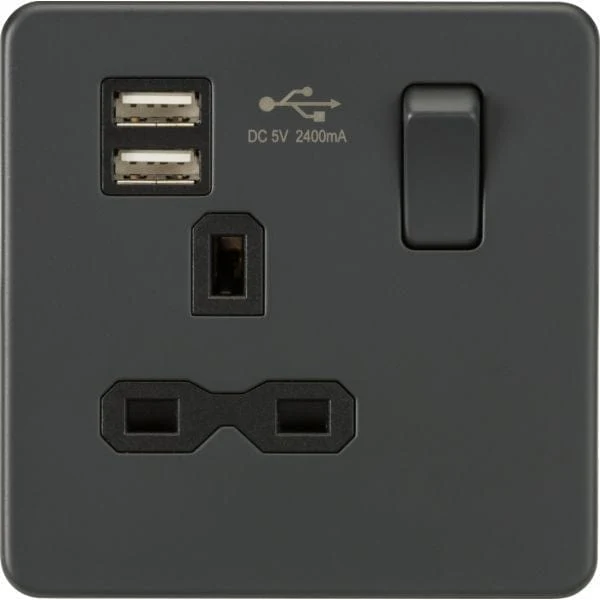 Knightsbridge Screwless 13A 1G switched socket with dual USB charger (2.4A) - Anthracite - SFR9124AT