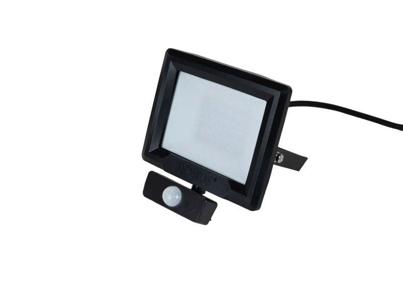 Robus HiLume 20W LED flood light with PIR, IP65, Black, 4000K, c/w 1m flex - RHL2040P-04