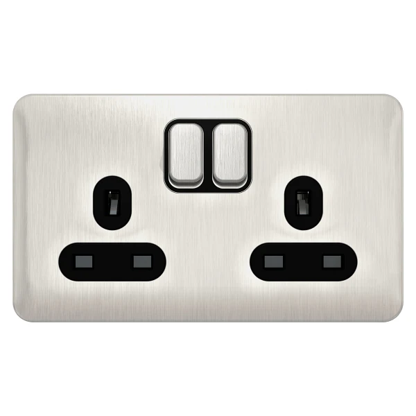 Schneider LSD 2G 13A Double Pole Switched Socket Black Insert - Stainless Steel - GGBL3020DBSS