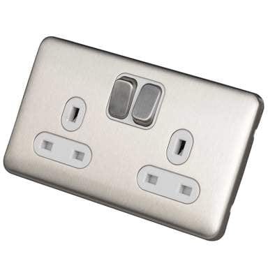 Schneider LSD 2G 13A Double Pole Switched Socket White Insert - Stainless Steel - GGBL3020DWSS