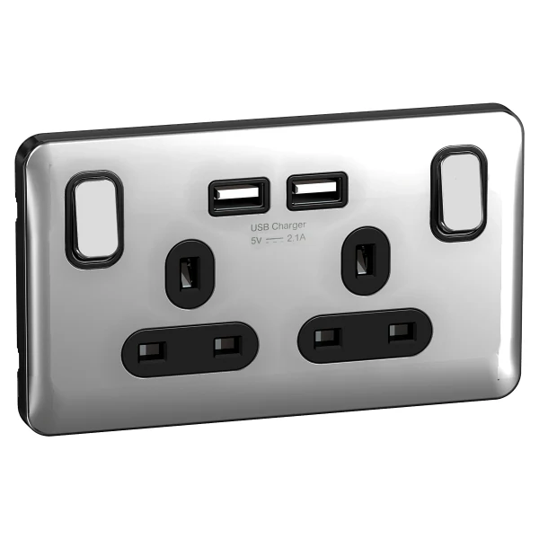 Schneider LSD 2G 13A SP 2x USB Black Insert Polished Chrome - GGBL30202USBABPCS
