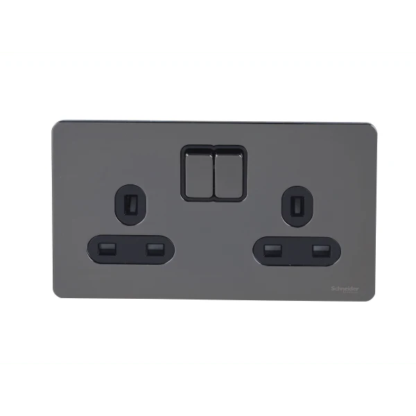 Schneider USFP 13A Double Pole 2G Switched Socket Black Insert - Black Nickel - GU3420DBBN