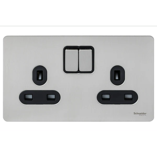 Schneider USFP 13A Double Pole 2G Switched Socket Black Insert - Stainless Steel - GU3420DBSS