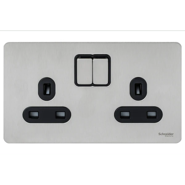 Schneider USFP 13A SP 2G Switched Socket Black Insert - Stainless Steel - GU3420BSS