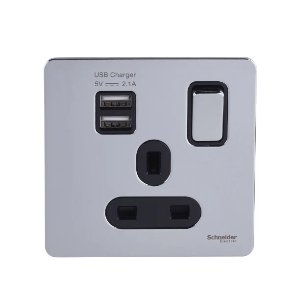 Schneider USFP 1G Switched SO SP 2XUSB 2.1 Black Insert - Polished Chrome - GGBGU34102USBABPC
