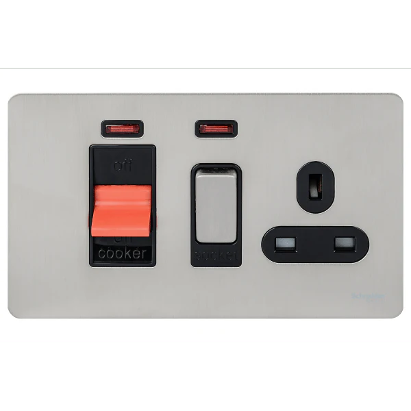 Schneider USFP 45A Cooker Switch with 13A Socket & Neon Black Insert - Stainless Steel - GU4401BSS